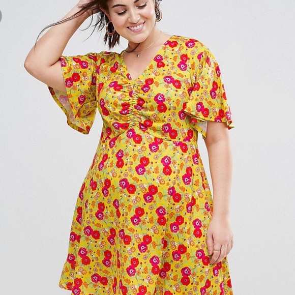 ASOS Curve Dresses & Skirts - ASOS Curve Mustard Yellow Floral Print Tea Dress
